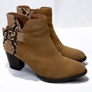 Vionic Naomi Brown Suede Ankle Boots Sz 6 Snake Print Block Heel Zip Up Orthotic